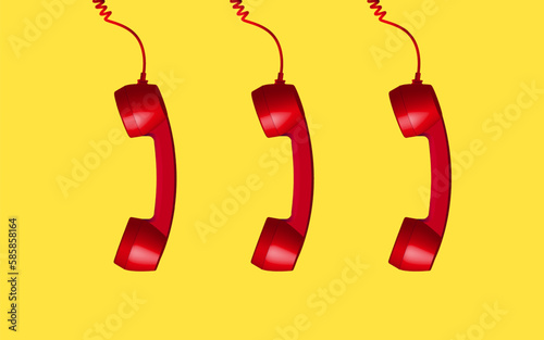 3d red vintage phone receiver isolated on yellow background. Three retro analog telephone handset. Old communicate technology. object composition right background vector illustration