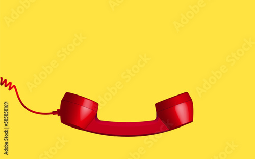 3d red vintage phone receiver isolated on yellow background. Retro analog telephone handset. Old communicate technology. object look like smile composition bottom background vector illustration