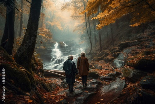 Forest Trail Adventure: Elderly Couple Setting Out on Hiking Trail, Generative AI