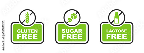 Sugar free, Lactose free, Gluten free - allergen free label set. Natural product and organic food badges. Healthy food signs. Vector illustration.