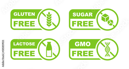 Sugar free, Lactose free, Gluten free, GMO free - allergen free label set. Natural product and organic food badges. Healthy food signs. Vector illustration.