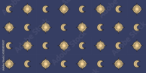 Background template with sun and moon. Star and crescent. Symbol, sign, icon, silhouette, tattoo. Isolated vector illustration. Retro style.