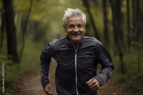 senior male with grey hair keeping fit by jogging in a park. Generative ai
