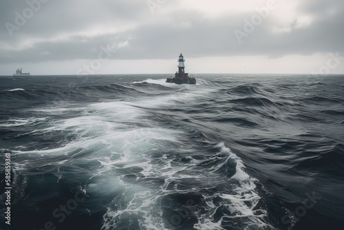 Fotografia lighthouse in the distance, guiding ships safely through a treacherous channel