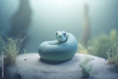  a blue snake is sitting on a rock in the water with seaweed and algaes around it, with a light shining on the background.  generative ai photo