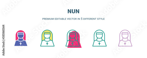 nun icon in 5 different style. Outline, filled, two color, thin nun icon isolated on white background. Editable vector can be used web and mobile