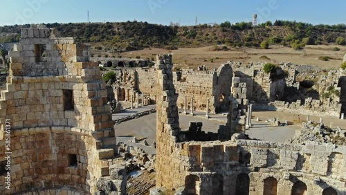 Drone view of the ancient city and historical monuments of Antalya Perge photo
