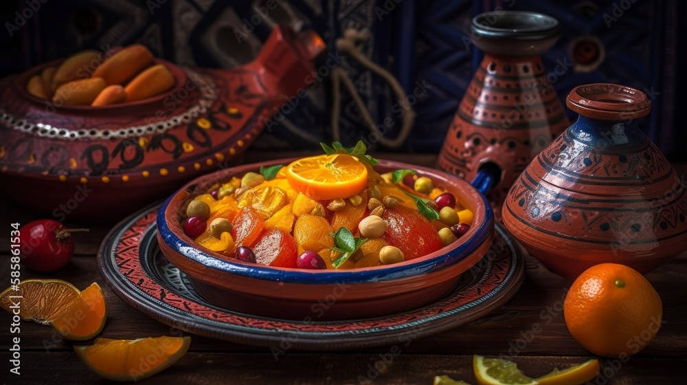 Delightful Moroccan meal featuring tagine, couscous, and various spices, artfully arranged - Created by AI