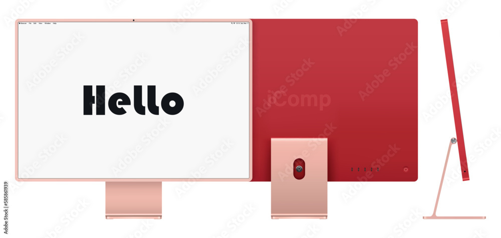 computer display pink color with blank screen front, back and side view ...