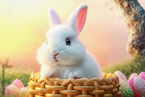 generative ai illustration of a white easter bunny in a basket, pastel colored eggs around