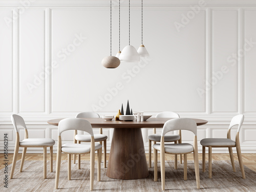 Interior of modern dining room, dining table and white chairs in room with paneling wall. Home design. 3d rendering © Vadim Andrushchenko
