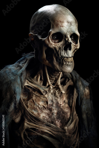Portrait of a half rotten male zombie with grey skin, isolated on dark background. Wallpaper, poster and coverdesign. Generative Ai