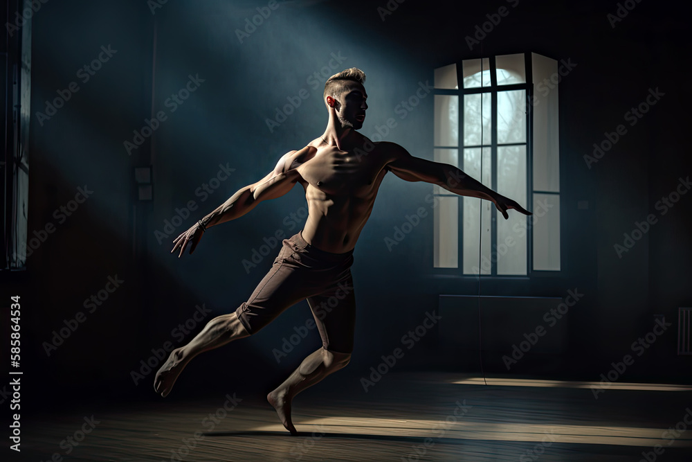 AI Generative Illustration of a male classical ballet dancer gracefully dancing on a ballet floor
