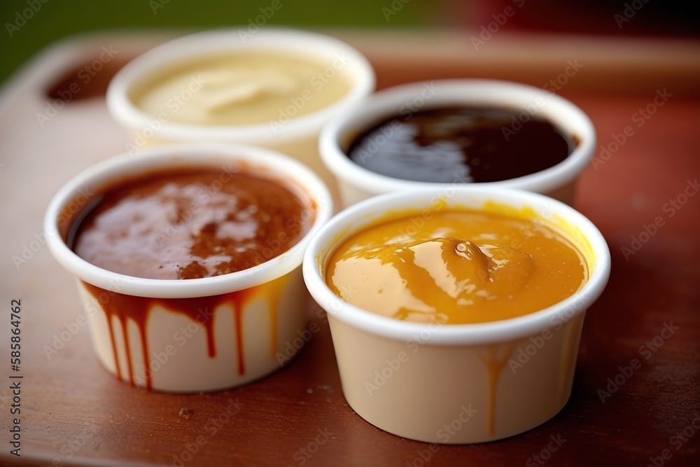 BBQ Four Great Grilling Sauces and side dishes bokeh, generative artificial intelligence BBQ Four Great Grilling Sauces and side dishes bokeh, generative artificial intelligence