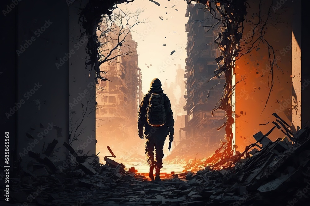 Lone soldier walking in destroyed city, generative artificial intelligence Lone soldier walking in destroyed city, generative artificial intelligence