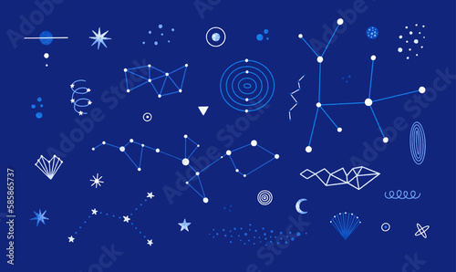 Vector set of abstract space elements. Isolated constellations, stars, planets. Hand drawn celestial clip art. Astrology, astronomy. Cosmic decor for stickers, print on apparel. Blue and white colors