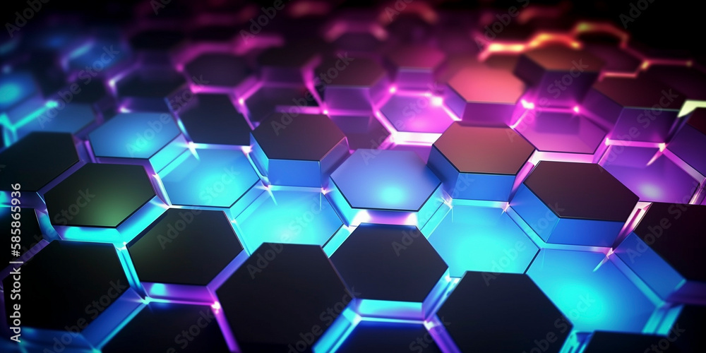 Abstract background hexagon pattern with glowing lights - Generative Ai Abstract background hexagon pattern with glowing lights - Generative Ai