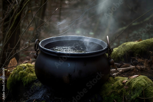 A witch iron cauldron with smoke coming out