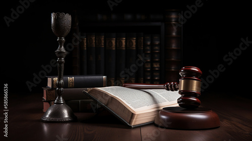 Judge Gavel and law book on a black wooden background. Generative Ai