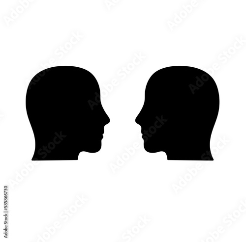 Vector isolated two mirror symmetrical heads side view colorless black and white outline silhouette shadow shape