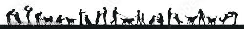 People playing with dogs in park outdoor silhouette set vector.