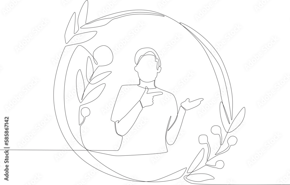A man in a floral frame wreath pointing to the side. Floral frame one line drawing A man in a floral frame wreath pointing to the side. Floral frame one line drawing