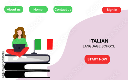 Italian language online course. Landing page for website. Distance education. Italian language school. Online education. Tutor. Dictionary. Vector illustration. 