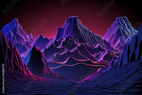 Abstrakter roter Hintergrund und lila berge der virtuellen Realität, Cyberspace-landschaft mit unwirklichen bergen. Neon-Drahtmodell-Gelände