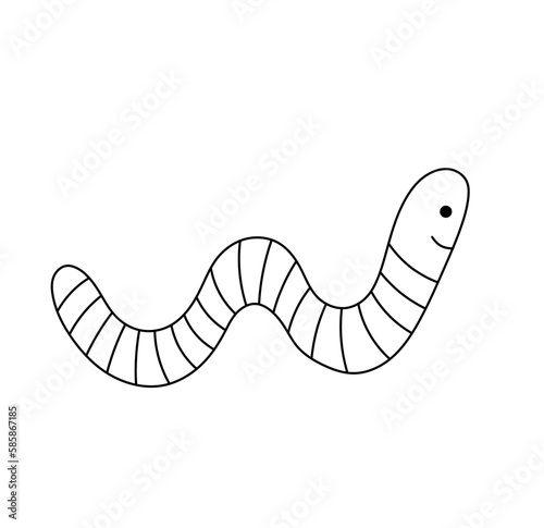Vector isolated one single cute cartoon tiny crawling worm side view colorless black and white contour line easy drawing