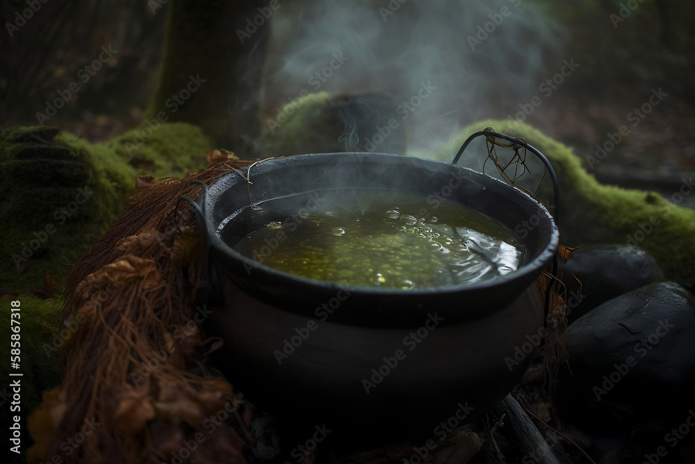 A witch iron cauldron with a green potion A witch iron cauldron with a green potion