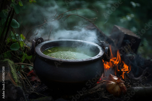 A witch iron cauldron with green potion