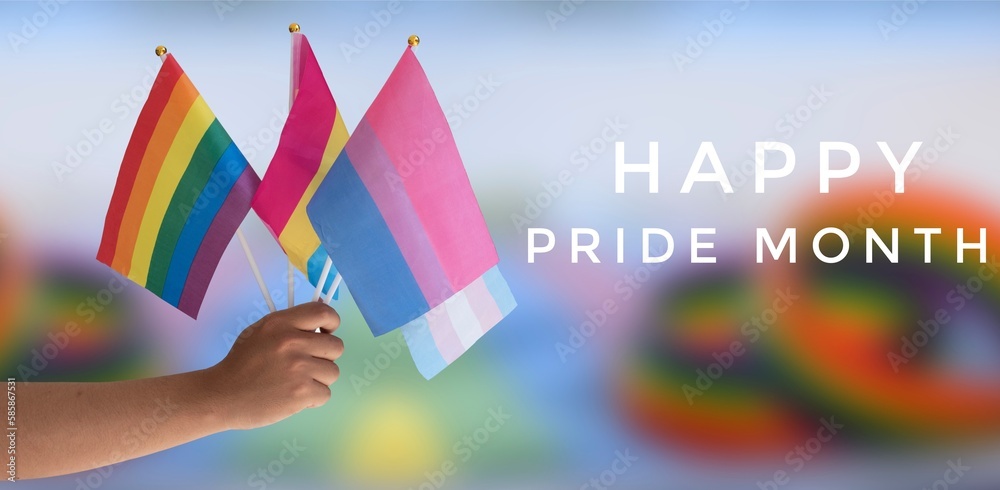 'Happy Day Pride Month 2023' on bluesky and rainbow flags background, concept for lgbt celebrations in pride month, june, 'Happy Day Pride Month 2023' on bluesky and rainbow flags background, concept for lgbt celebrations in pride month, june,