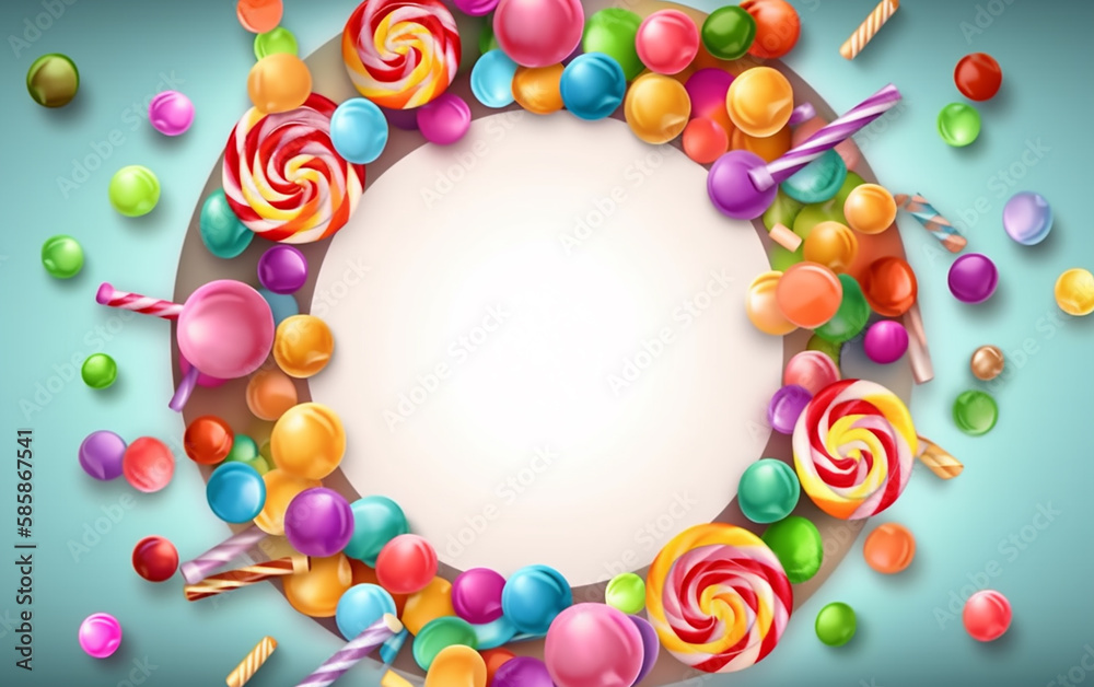 A circular array of vibrant candies and sweets framing a blank space, ideal for festive messages.