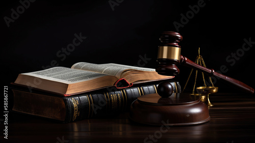 Judge Gavel and law book on a black wooden background. Generative Ai