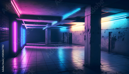 Dark futuristic interior with blue and pink neon  ai generative illustration