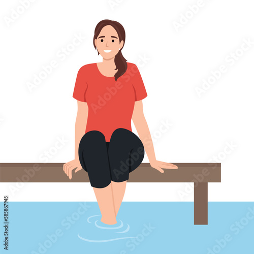 Happy woman sitting on pier near water enjoy summer vacation. Smiling girl relaxing on bridge on river enjoying holidays
