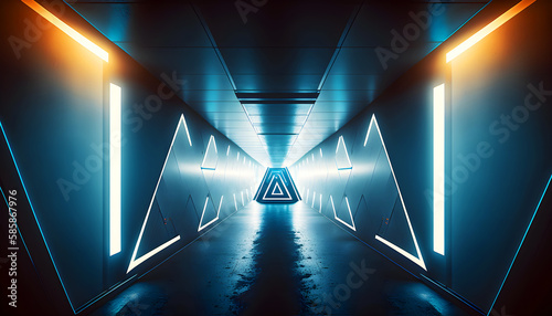 Futuristic dark tunnel with orange and blue neon, ai generative illustration