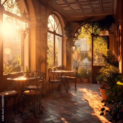 Romantic summer terrace in an Italian-style cafe. Cafe interior. Generative AI.