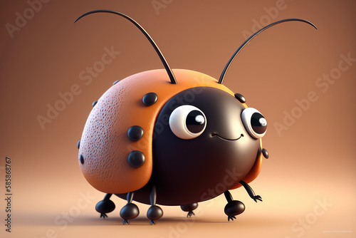 Cute smiling insect cartoon character. Isolated on flat background with copy space. Small beetle, one funny bug. 3d render illustration. Generative AI art.