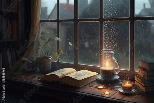 Rain falling on the window flowing raindrops candles   generative artificial intelligence