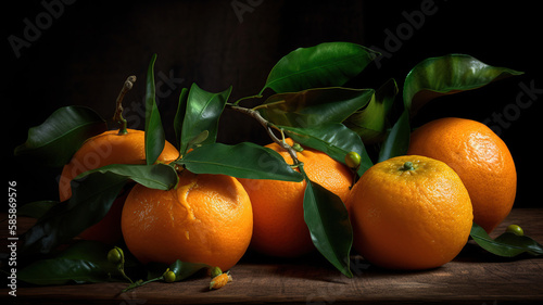 fresh orange fruits with leaves on wooden table. Generative Ai