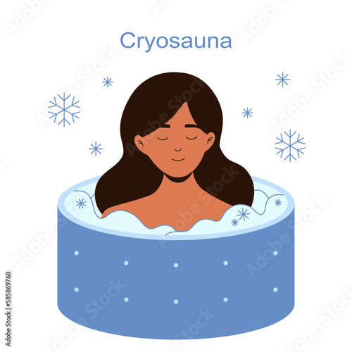 Peaceful woman in a cryosauna ice therapy vector illustration for benign and malignant lesions. Whole body cryotherapy. Painless freeze therapy for improved health.