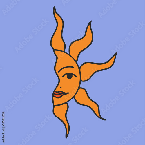 Sun with face in boho style. Flat vector illustration, hand drawn cartoon.