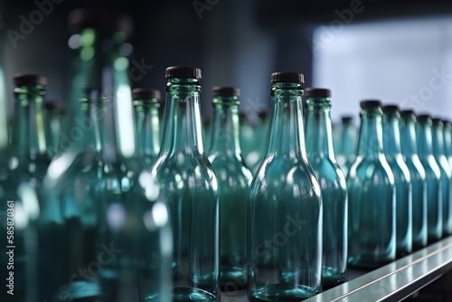 Close-up glass bottle production, bottle production factory. AI generated