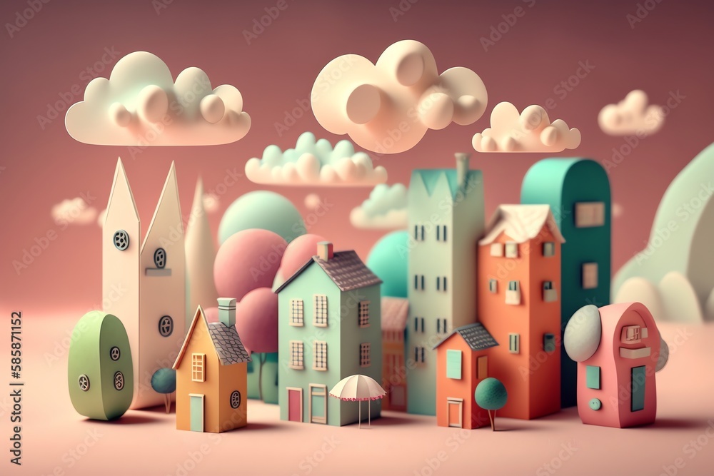 3D cute mini city, mini world, miniature city, kid style, colorful, houses, hotels, streets, clouds, hill, happy color