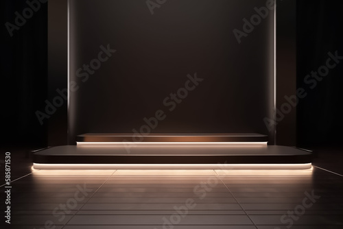 Brown Black Display mock up 3D luxury stage with LED light and simple shape decoration around it. generative AI