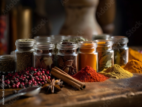 Fototapeta Naklejka Na Ścianę i Meble -  Fresh spices and herbs in jars on table.  Close up healthy culinary backdrop.