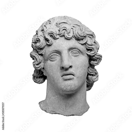 Antique terracotta head of greek youth isolated