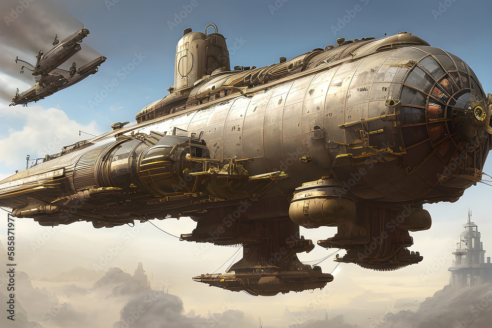 A huge steampunk airship 3d retro technology illustration fantastic wallpaper. Generative Ai. A huge steampunk airship 3d retro technology illustration fantastic wallpaper. Generative Ai.