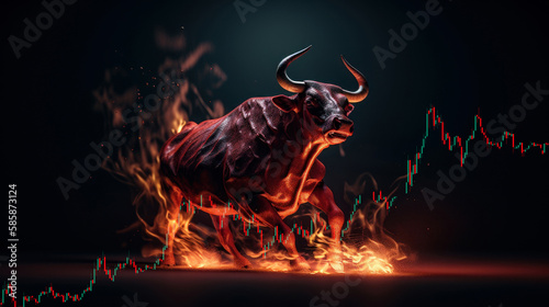 Bull running on fire. Business bull market concept. Ai generated © wasan